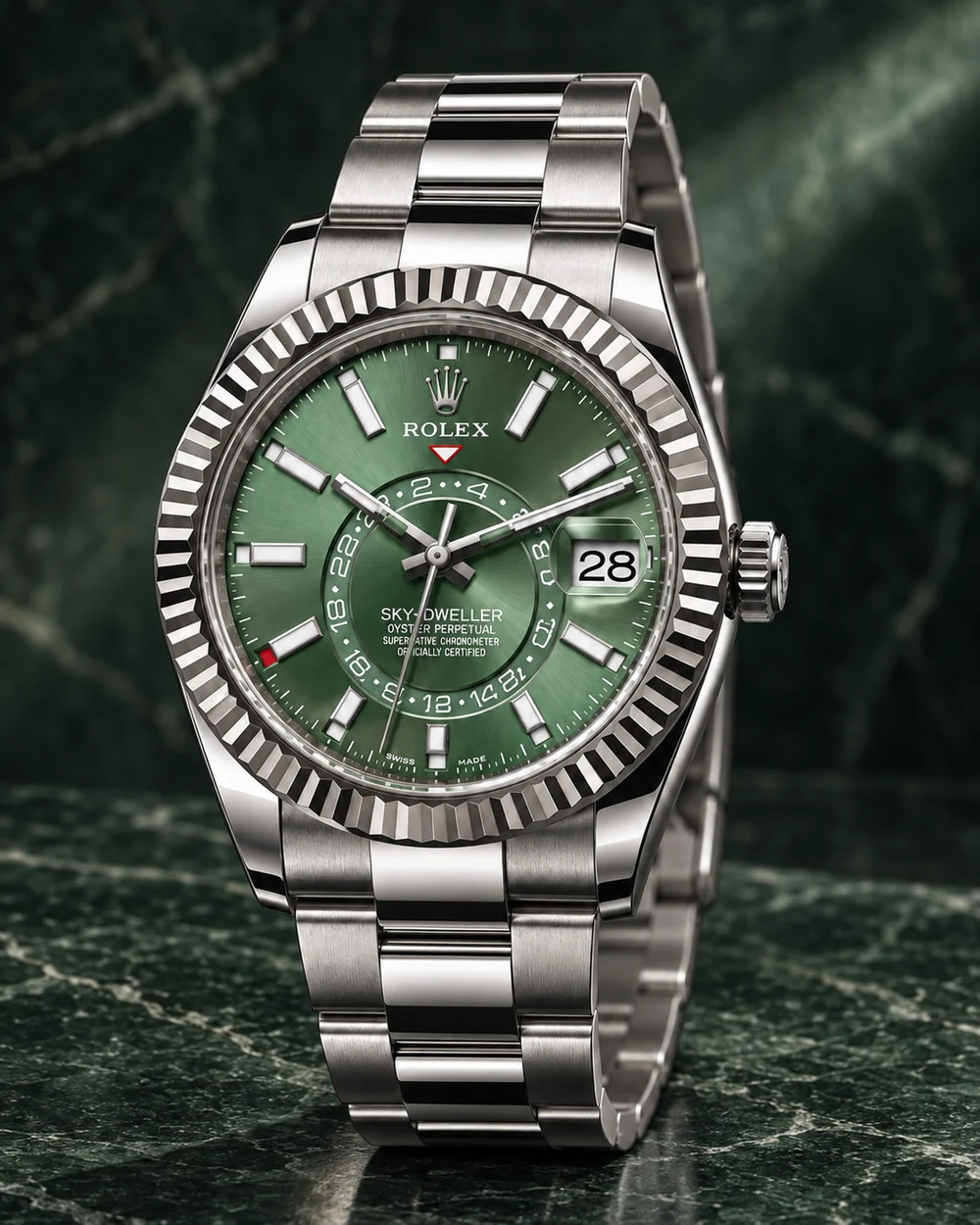 Rolex Sky-Dweller, Verde · Aço, em composição de estúdio