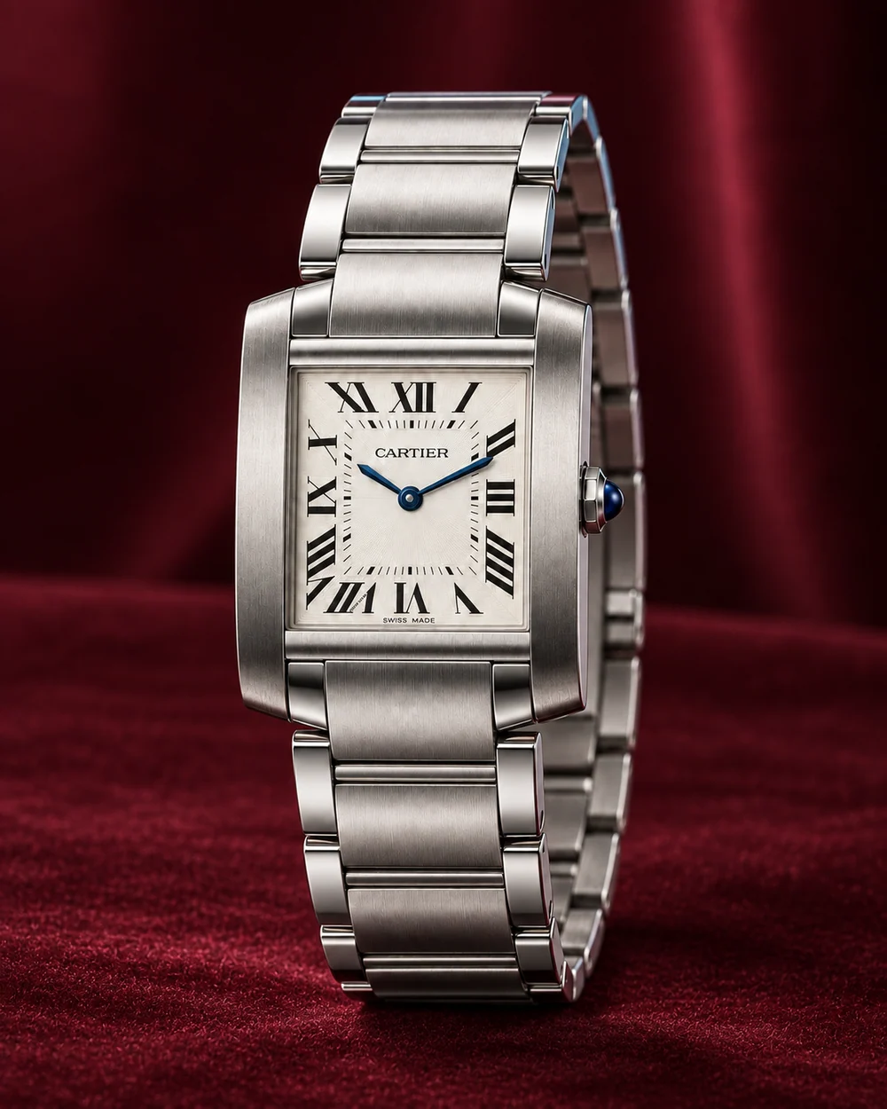Cartier Tank Française, Prata, em composição de estúdio