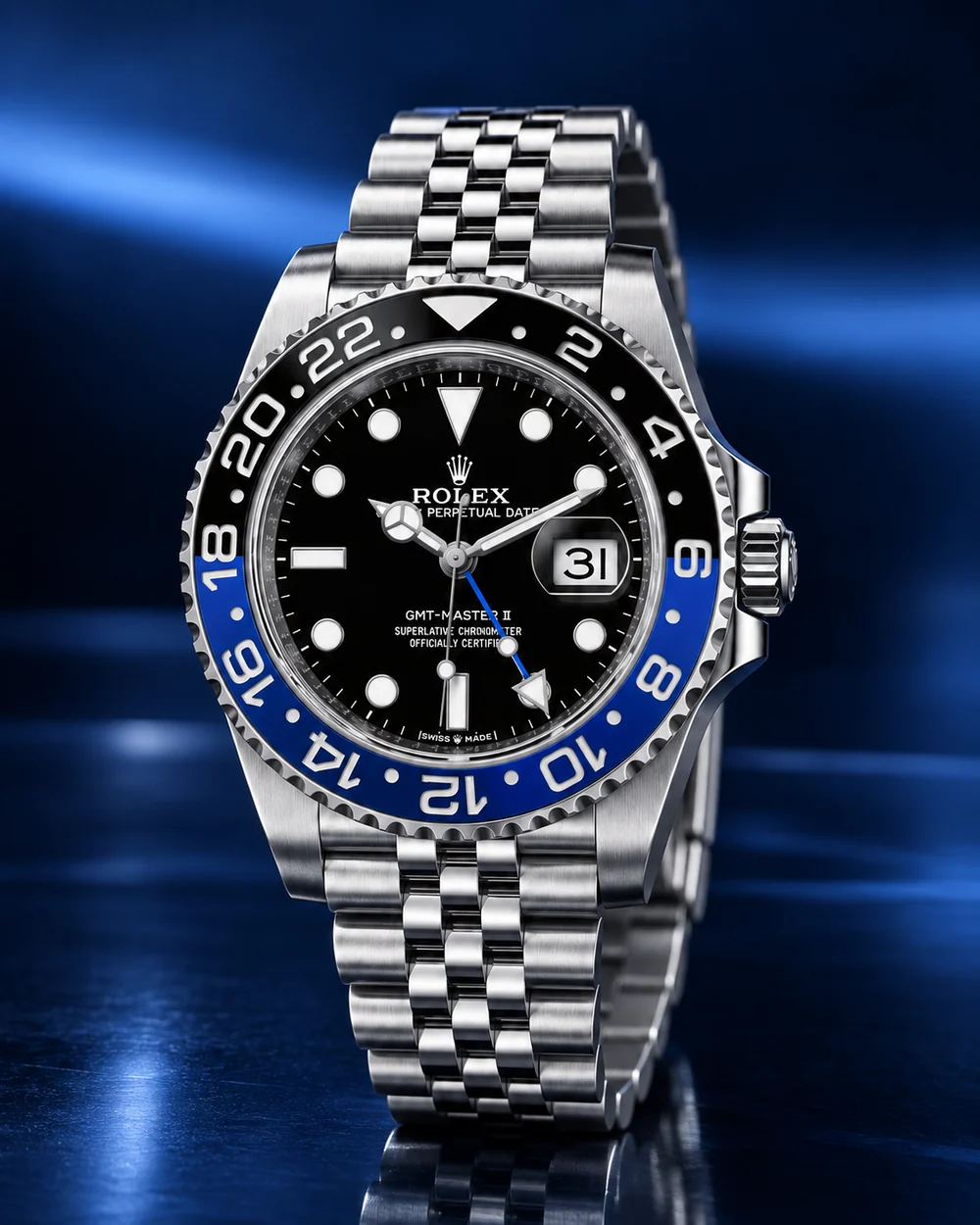 Rolex GMT-Master II, Azul e preto, em composição de estúdio