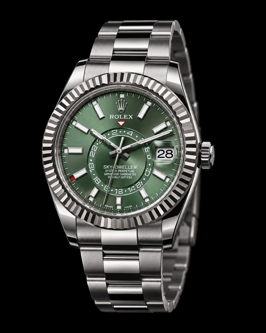 Rolex Sky-Dweller de mostrador verde, com caixa e pulseira em aço